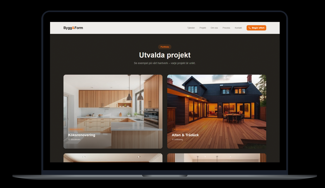Bildgalleri med kategori-taggar visar upp dina bästa jobb. Nya kunder ser resultaten innan de hör av sig.
