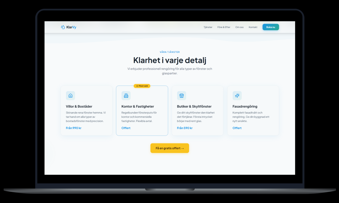 Tydlig prissättning och en markerad "Mest vald"-tjänst gör att fler besökare väljer rätt paket direkt — utan att behöva ringa.